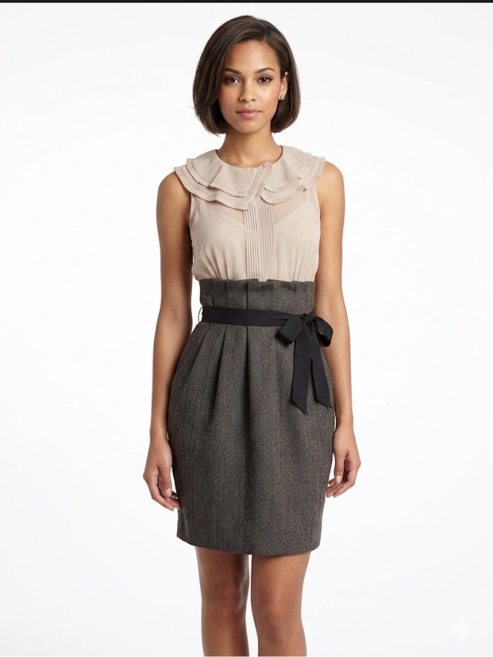 BCBGMaxAzria Two-Tone Ruffle Neck Sheath Dress in Beige and Charcoal